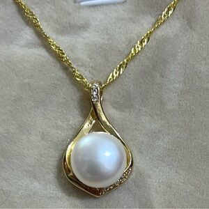 Natural South Sea Genuine Cultured White Pearl Diamond Zircon Necklace 22”